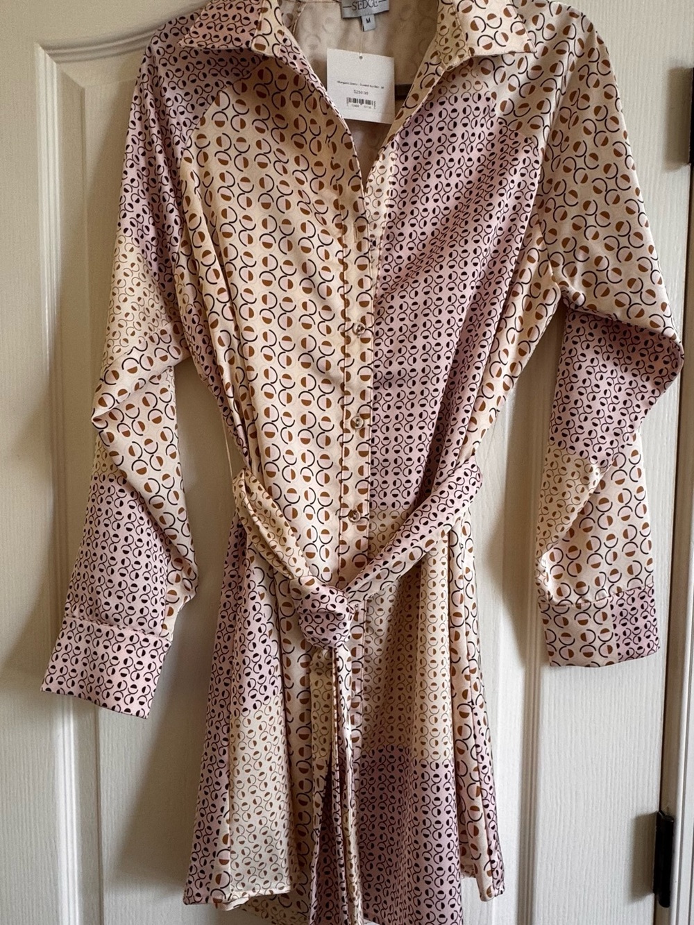 Printed Belted Shirt Dress in Pink and Cream